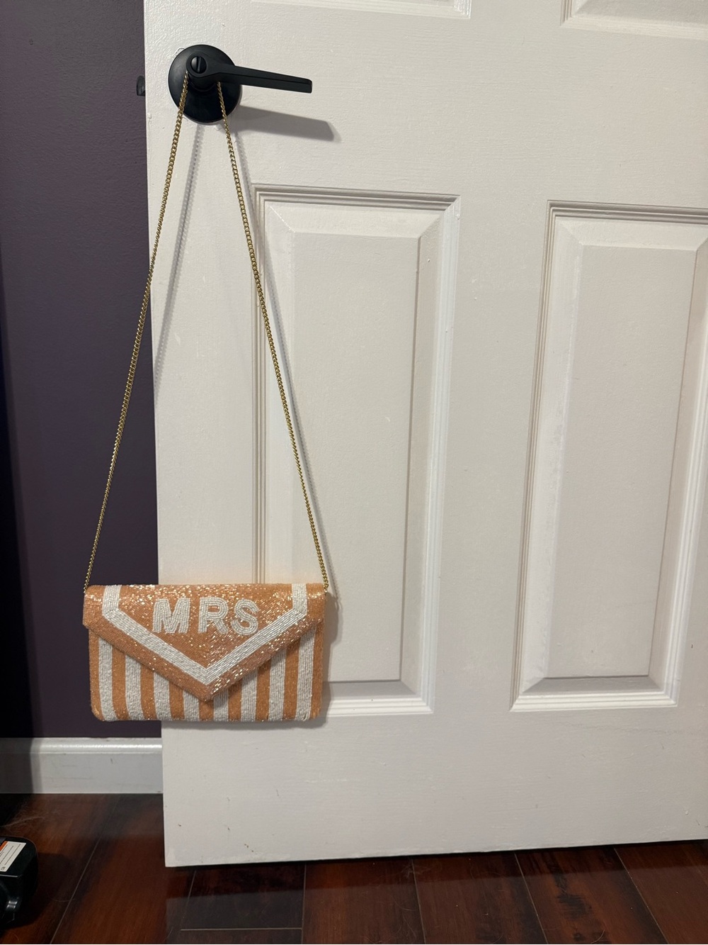 “MRS”peachy pink/white sequin purse with gold chain strap